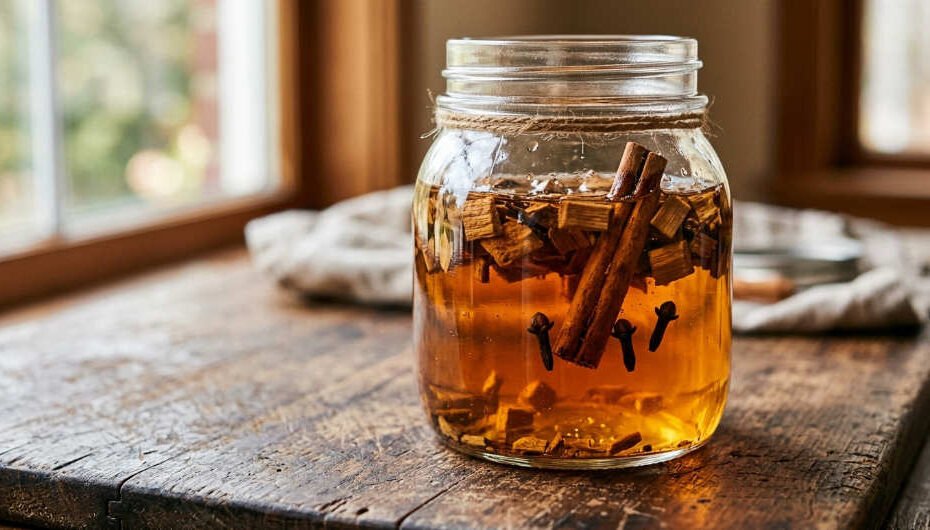 Sustituto de brandy para cocinar: frasco de maceración de Pisco con chips de madera de manzana, canela y clavos de olor