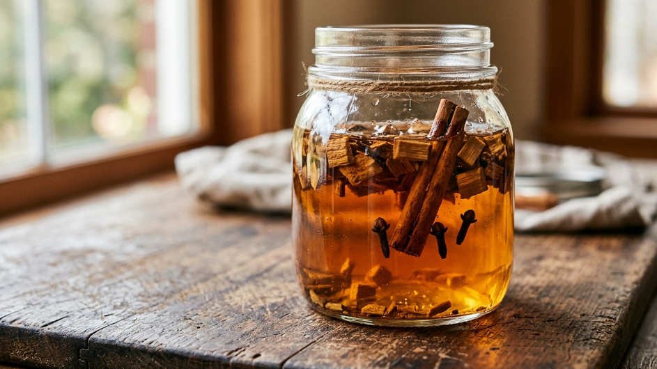 Sustituto de brandy para cocinar: frasco de maceración de Pisco con chips de madera de manzana, canela y clavos de olor