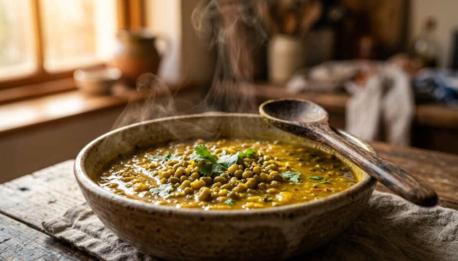 Guiso de mungo con curry amarillo y moringa servido en bol de barro