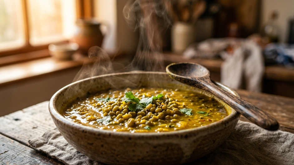 Guiso de mungo con curry amarillo y moringa servido en bol de barro