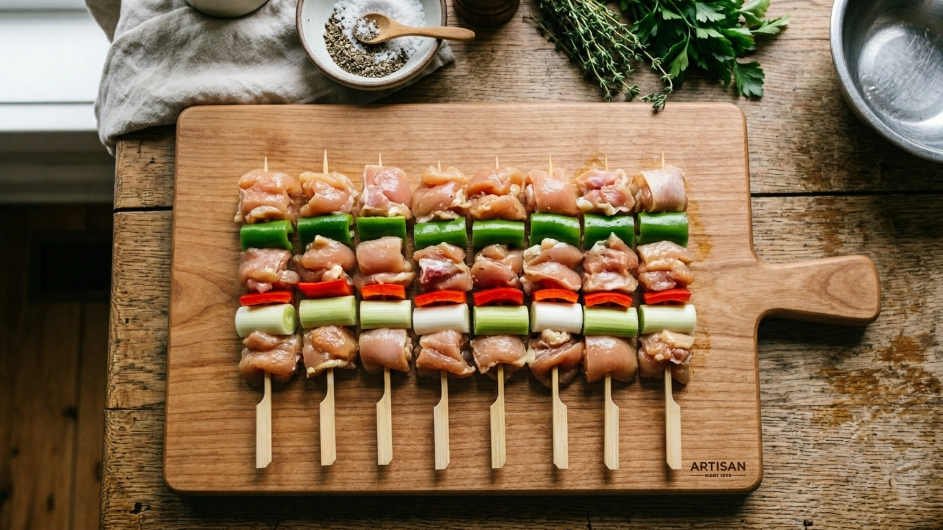 Pinchos yakitori de pollo crudos: pollo, puerro y pimientos antes de asar