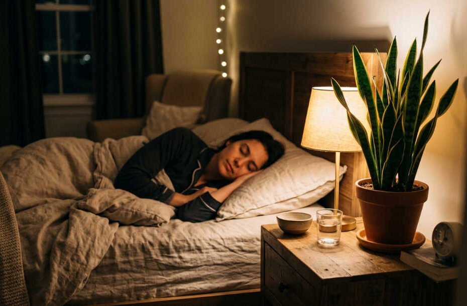 Una planta en mi habitación en la noche: planta sanseveria en mesita de noche en habitación con luz tenue nocturna