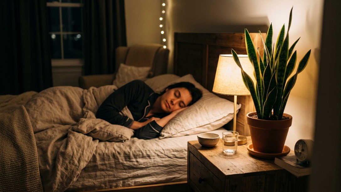 Una planta en mi habitación en la noche: planta sanseveria en mesita de noche en habitación con luz tenue nocturna