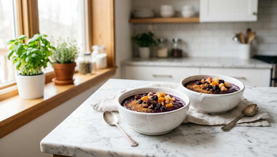 Receta de mazamorra morada peruana con frutas secas y canela servida en bol blanco