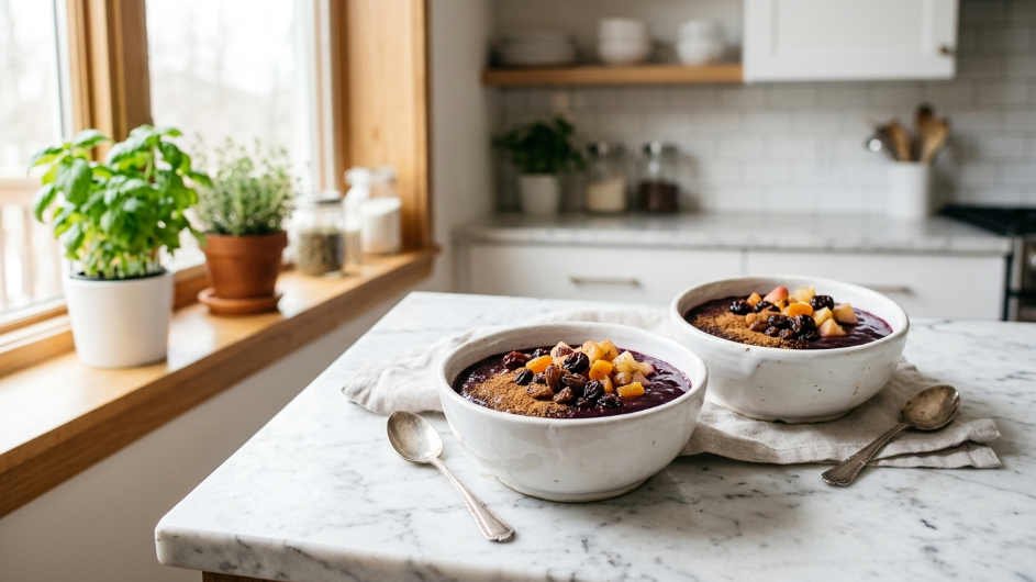 Receta de mazamorra morada peruana con frutas secas y canela servida en bol blanco
