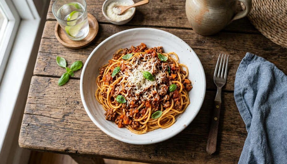 Receta de tallarines rojos peruanos con carne molida, ají amarillo y salsa de tomate
