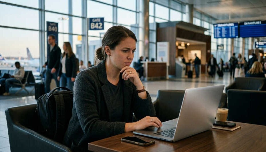 Viajero en aeropuerto con laptop intentando ver streaming en otro país con catálogo bloqueado geográficamente