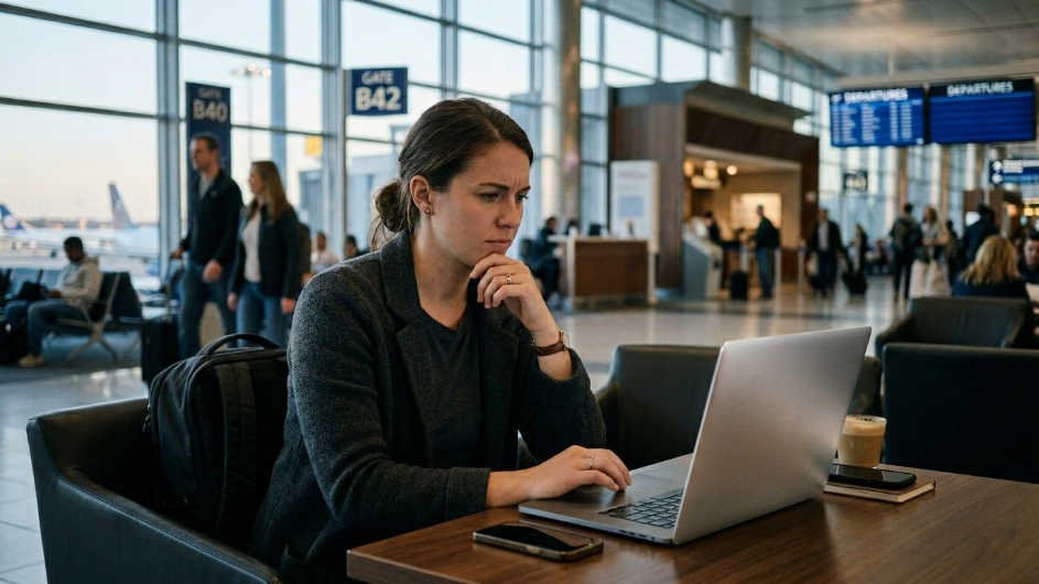Viajero en aeropuerto con laptop intentando ver streaming en otro país con catálogo bloqueado geográficamente