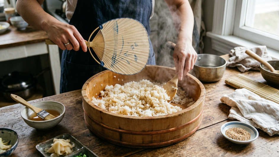 Arroz para sushi sazonado con sushi-zu en tazón de madera