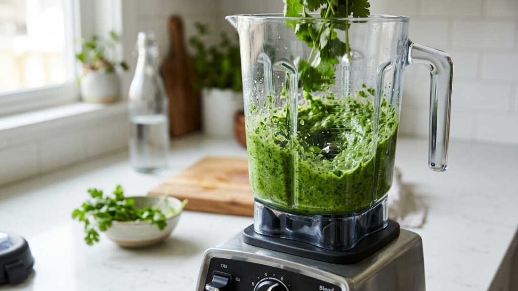 Cilantro fresco licuado para preparar la base del seco de res peruano
