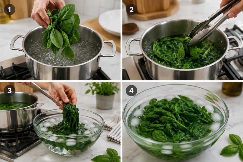 Blanqueado de espinaca y albahaca para conservar el color verde de la salsa