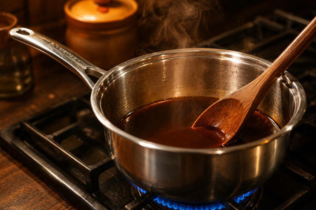 Salsa yakitori casera: reducción de salsa yakitori en cacerola con cuchara de madera