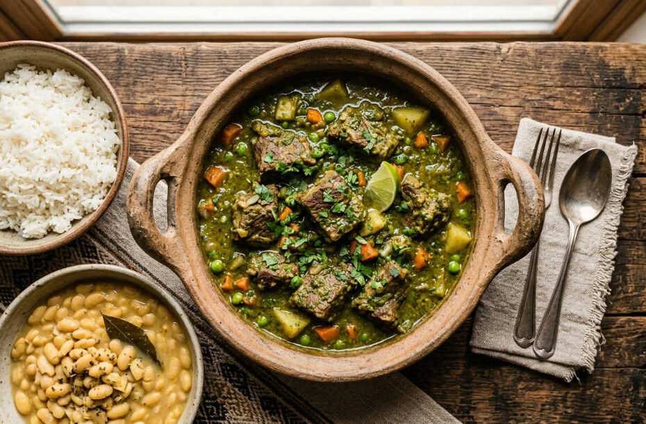 Seco de res peruano en olla de barro con arroz y frijoles canarios