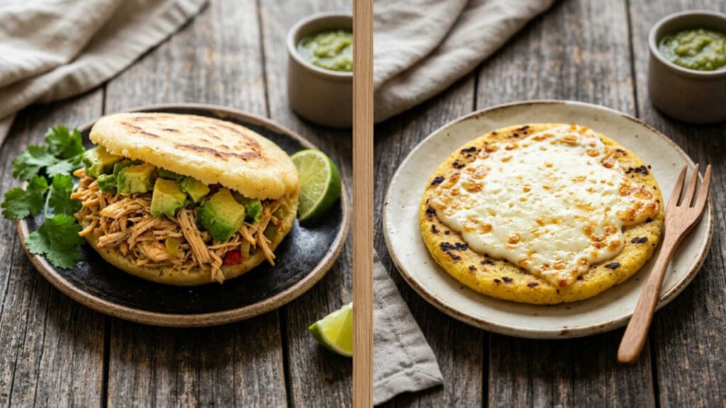 ¿De dónde son las arepas? Comparativa visual entre arepa venezolana rellena y arepa colombiana con queso por encima
