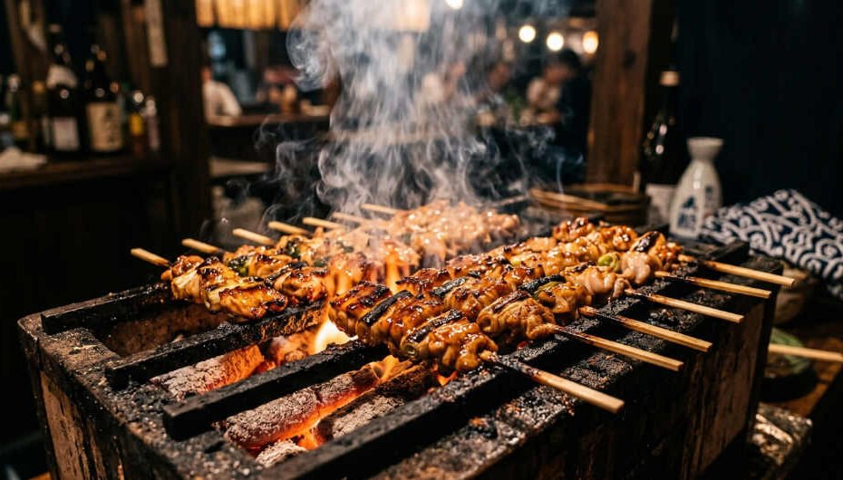 Brochetas yakitori de pollo glaseadas sobre parrilla de carbón japonesa