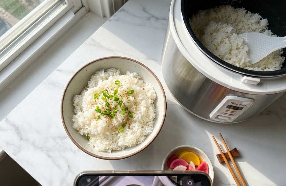 Arroz graneado recién cocido en olla arrocera eléctrica