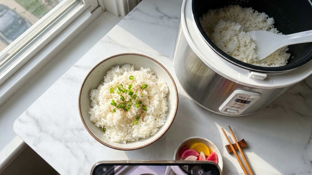 Arroz graneado recién cocido en olla arrocera eléctrica