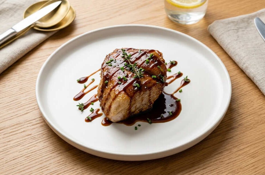 Chuleta de cerdo gruesa en sartén, sellada con salsa de brandy