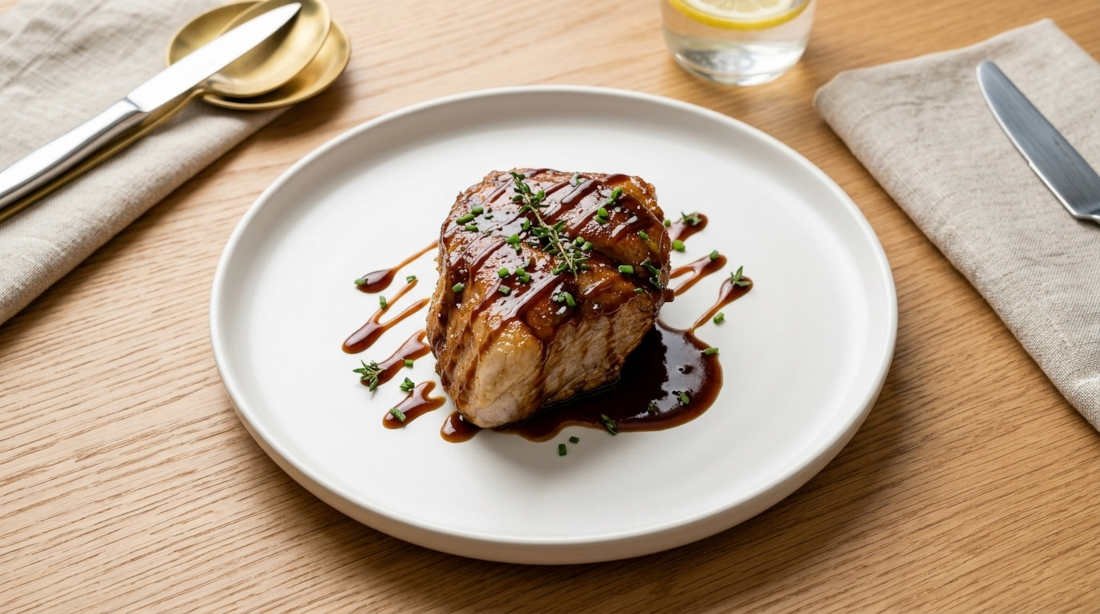 Chuleta de cerdo gruesa en sartén, sellada con salsa de brandy