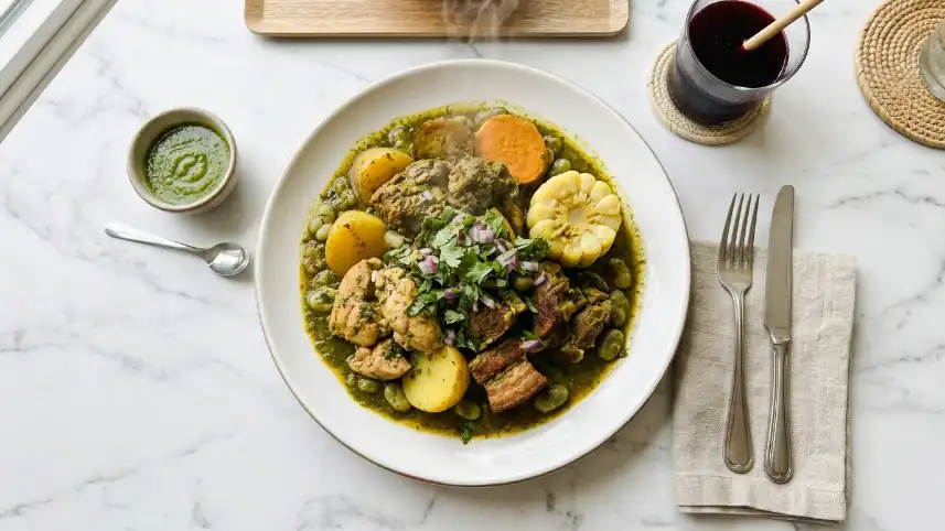 Pachamanca a la olla servida con papas, choclo y carnes andinas