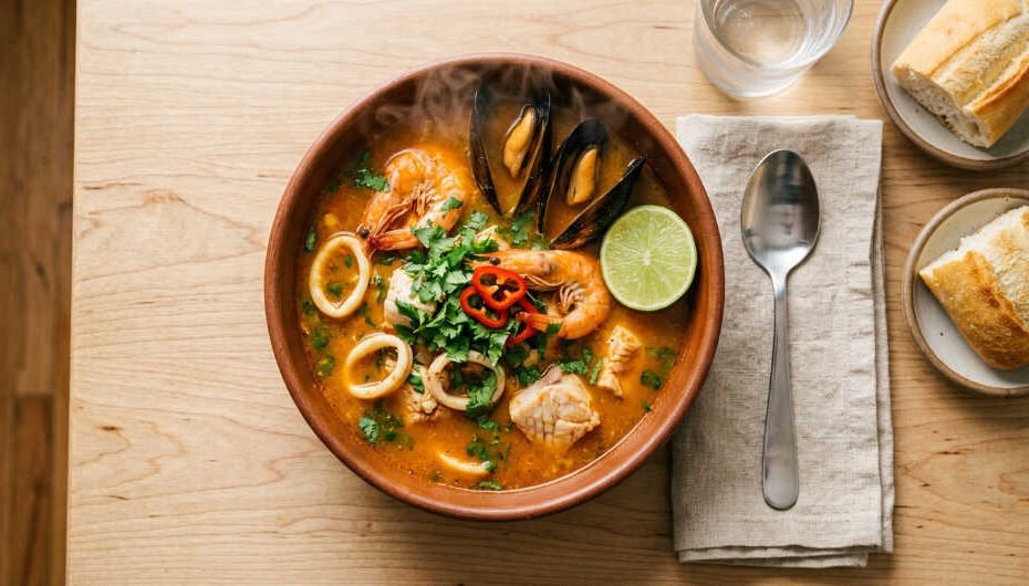 Parihuela peruana con mariscos frescos servida en plato hondo