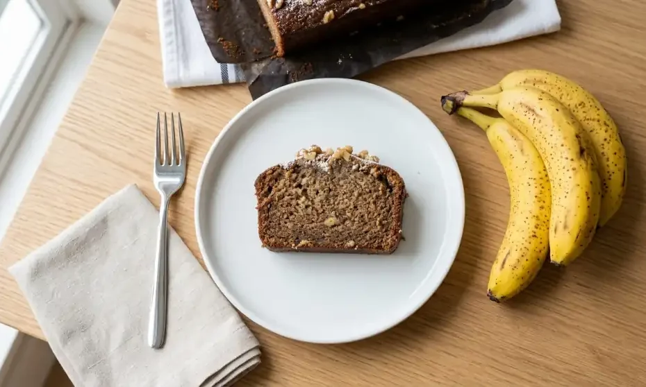 Queque de plátano esponjoso cortado en rodajas sobre plato blanco