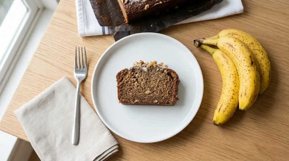 Queque de plátano esponjoso cortado en rodajas sobre plato blanco