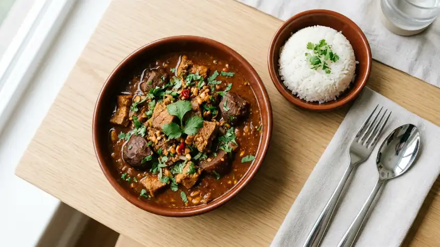 Receta de carapulcra peruana servida en un tazón limpio y apetitoso