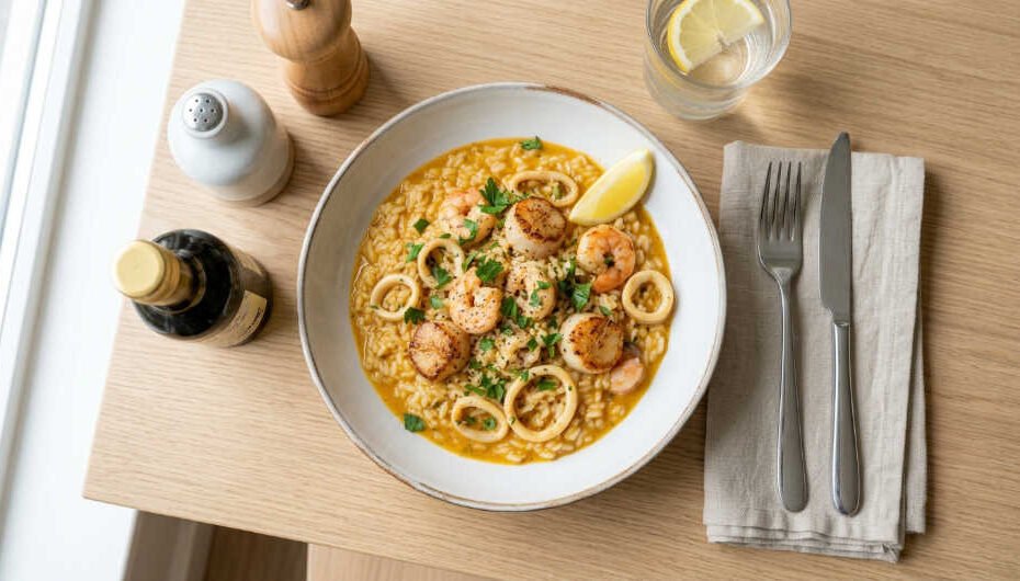 Risotto de mariscos cremoso servido en tazón blanco con perejil