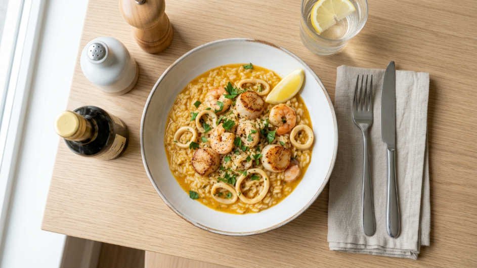Risotto de mariscos cremoso servido en tazón blanco con perejil