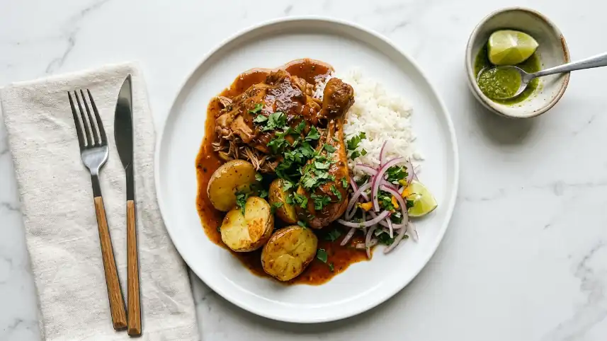 Pollo a la olla peruano jugoso servido con papas y culantro
