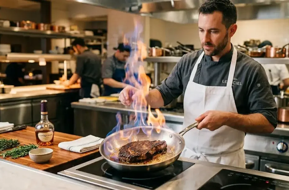 Cómo flambear en casa: Chef flambeando un filete de carne en sartén de acero inoxidable