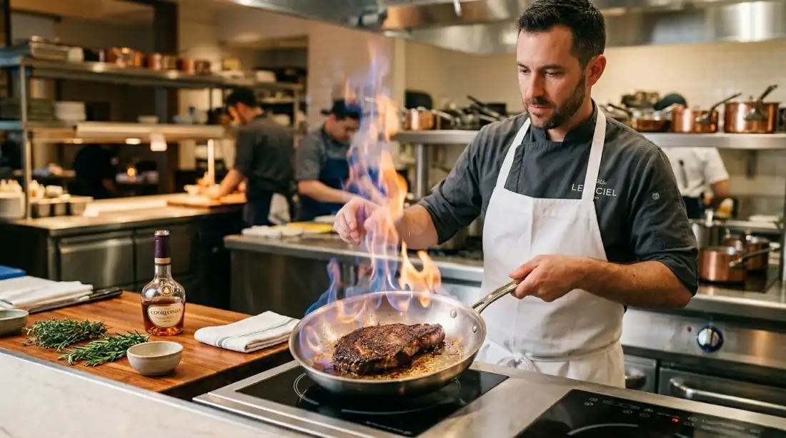Cómo flambear en casa: Chef flambeando un filete de carne en sartén de acero inoxidable