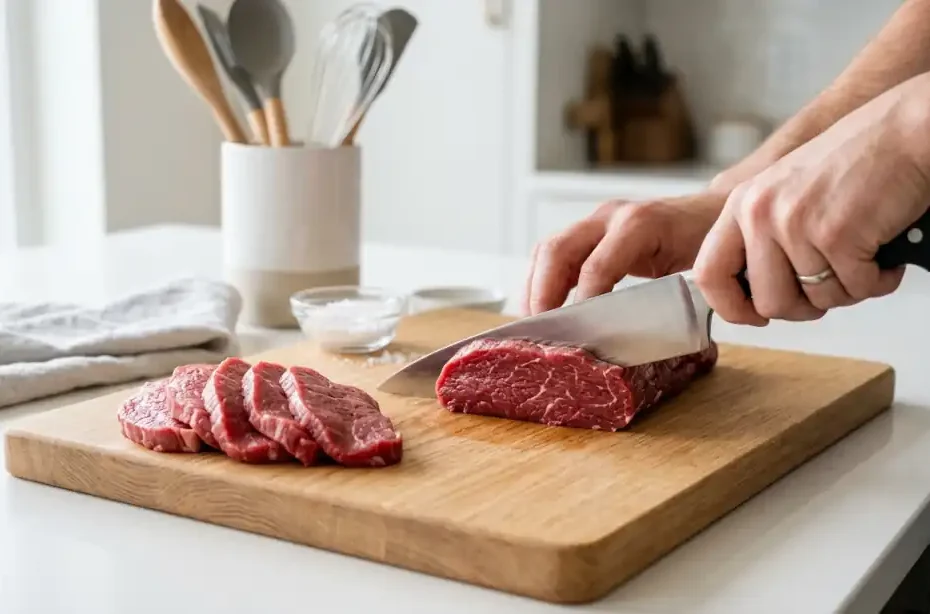 Preparación antes de flambear: Corte parejo de carne en tabla de cortar antes de flambear