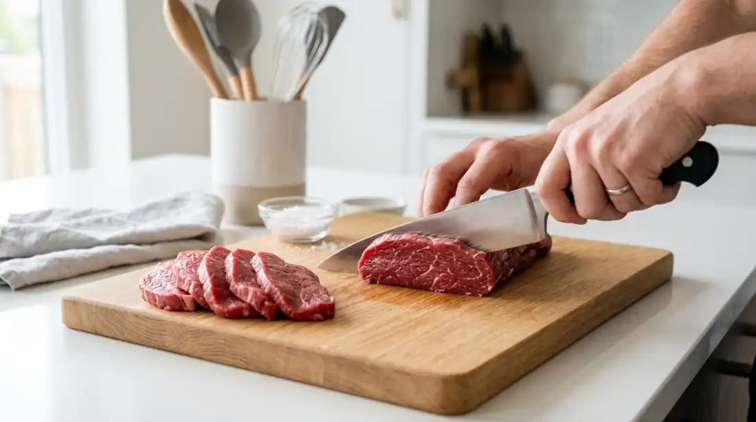 Preparación antes de flambear: Corte parejo de carne en tabla de cortar antes de flambear