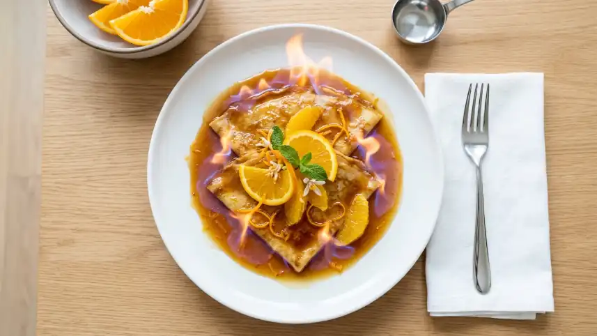 Cómo flambear en casa: crepas Suzette flambeadas con licor de naranja en plato blanco
