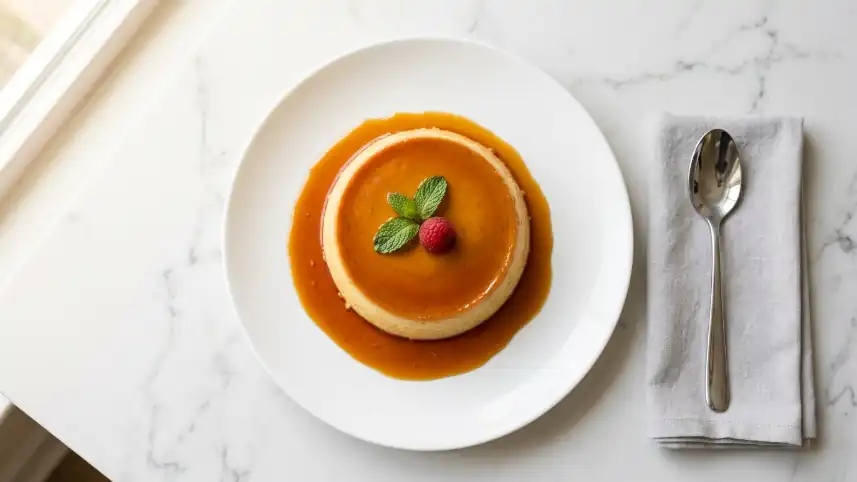 Flan casero entero desmoldado con caramelo brillante sobre plato blanco