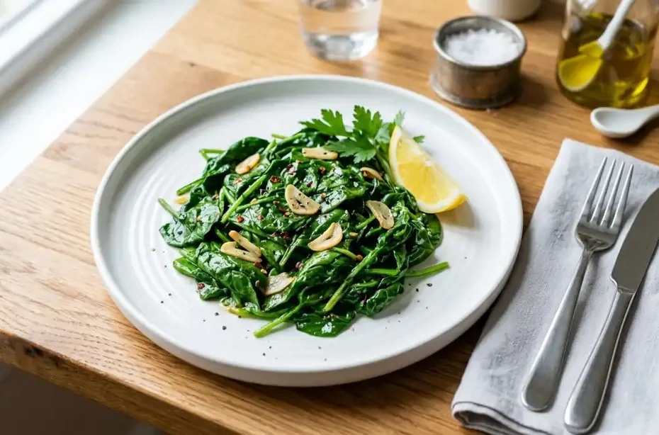 Guarniciones con espinaca: espinaca salteada con ajo y limón en plato blanco