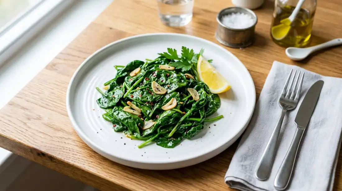 Guarniciones con espinaca: espinaca salteada con ajo y limón en plato blanco