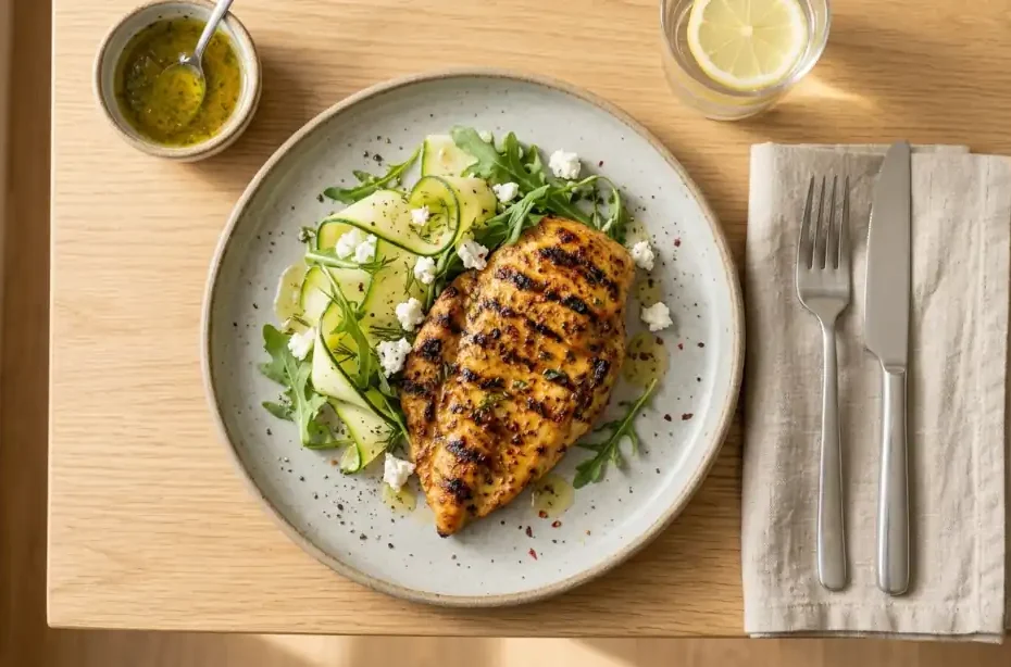 Pollo paillard picante con marcas de grill y ensalada de calabacín