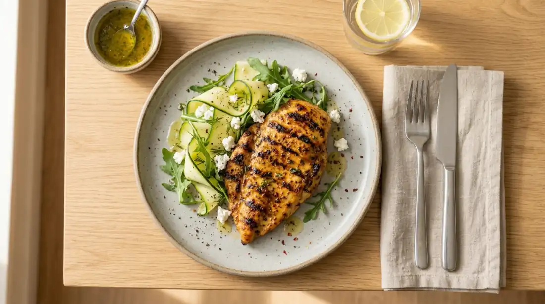 Pollo paillard picante con marcas de grill y ensalada de calabacín