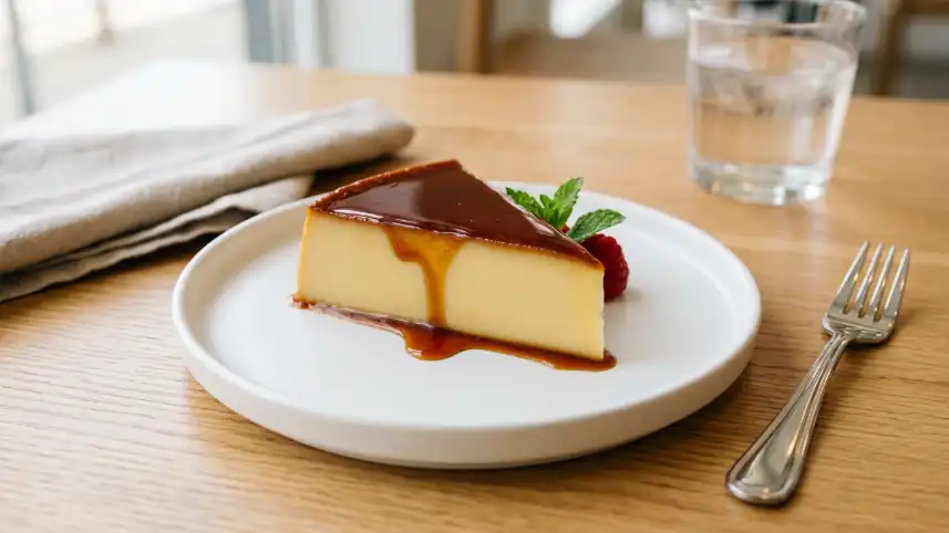 Receta de flan casero: porción servida mostrando textura cremosa sin agujeros