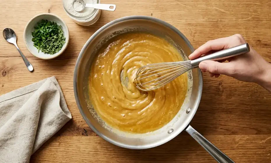 Preparación de roux claro en sartén, base para salsa bechamel