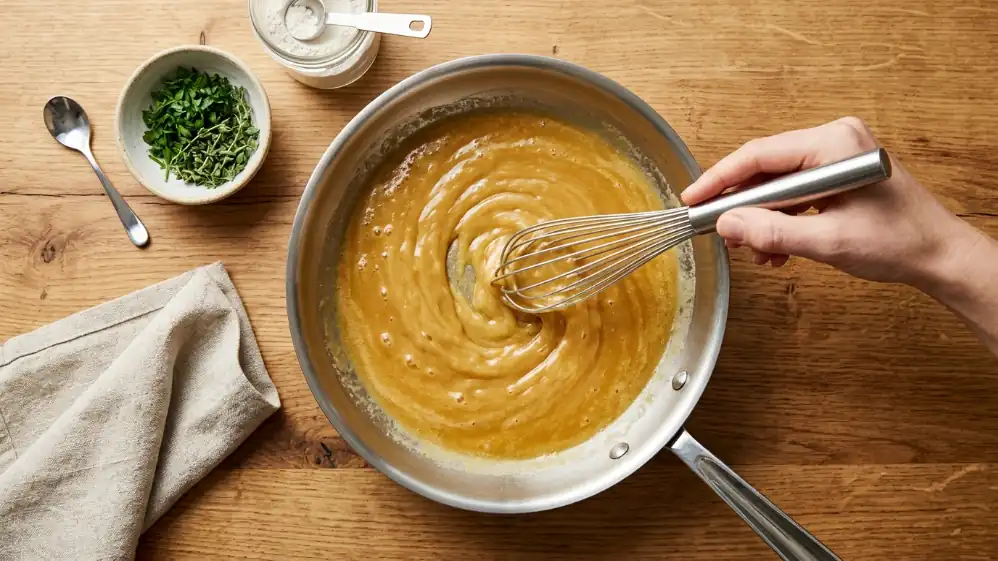 Preparación de roux claro en sartén, base para salsa bechamel