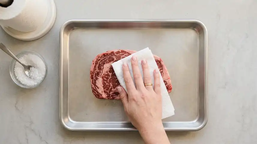 Preparación antes de flambear: secando la carne con papel de cocina antes de sellar