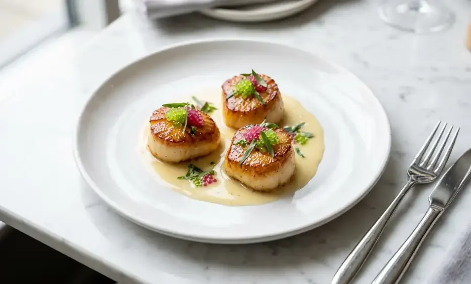 Vieiras selladas doradas con caviar cítrico y salsa de vino blanco