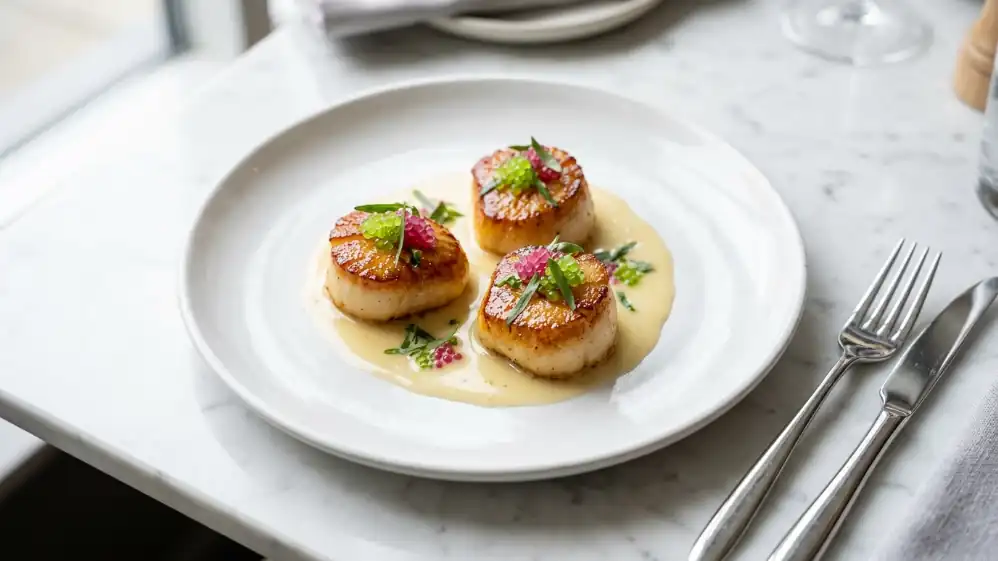 Vieiras selladas doradas con caviar cítrico y salsa de vino blanco