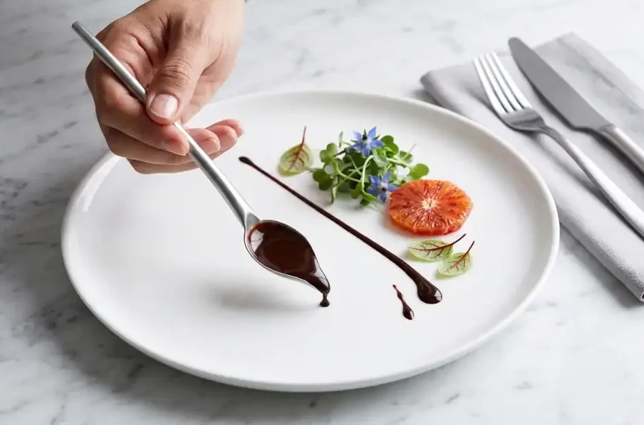 Chef usando cuchara para decorar plato con salsa