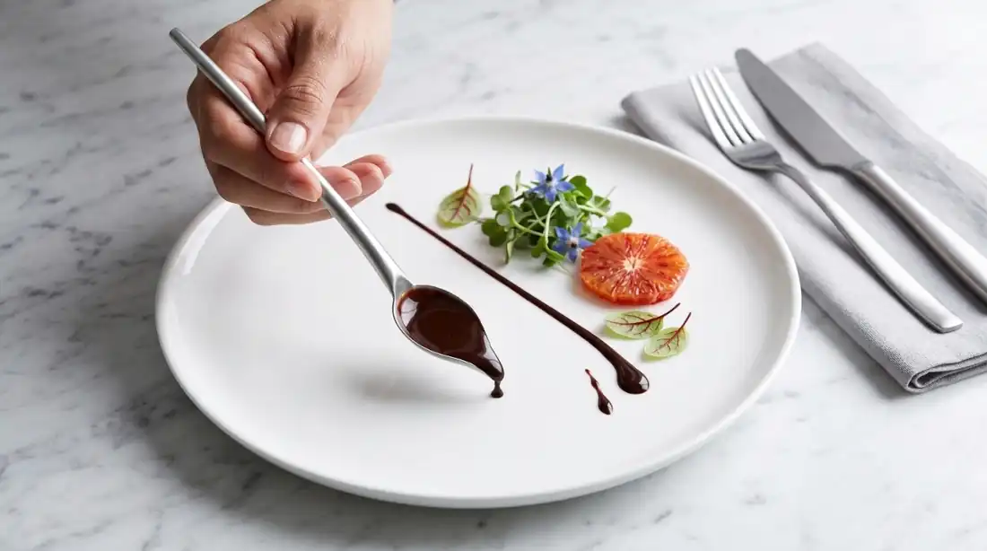 Chef usando cuchara para decorar plato con salsa