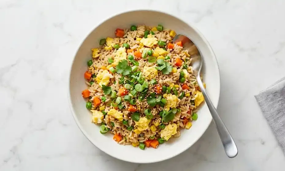 Delicioso plato de arroz frito con huevo para resolver qué cocinar hoy.